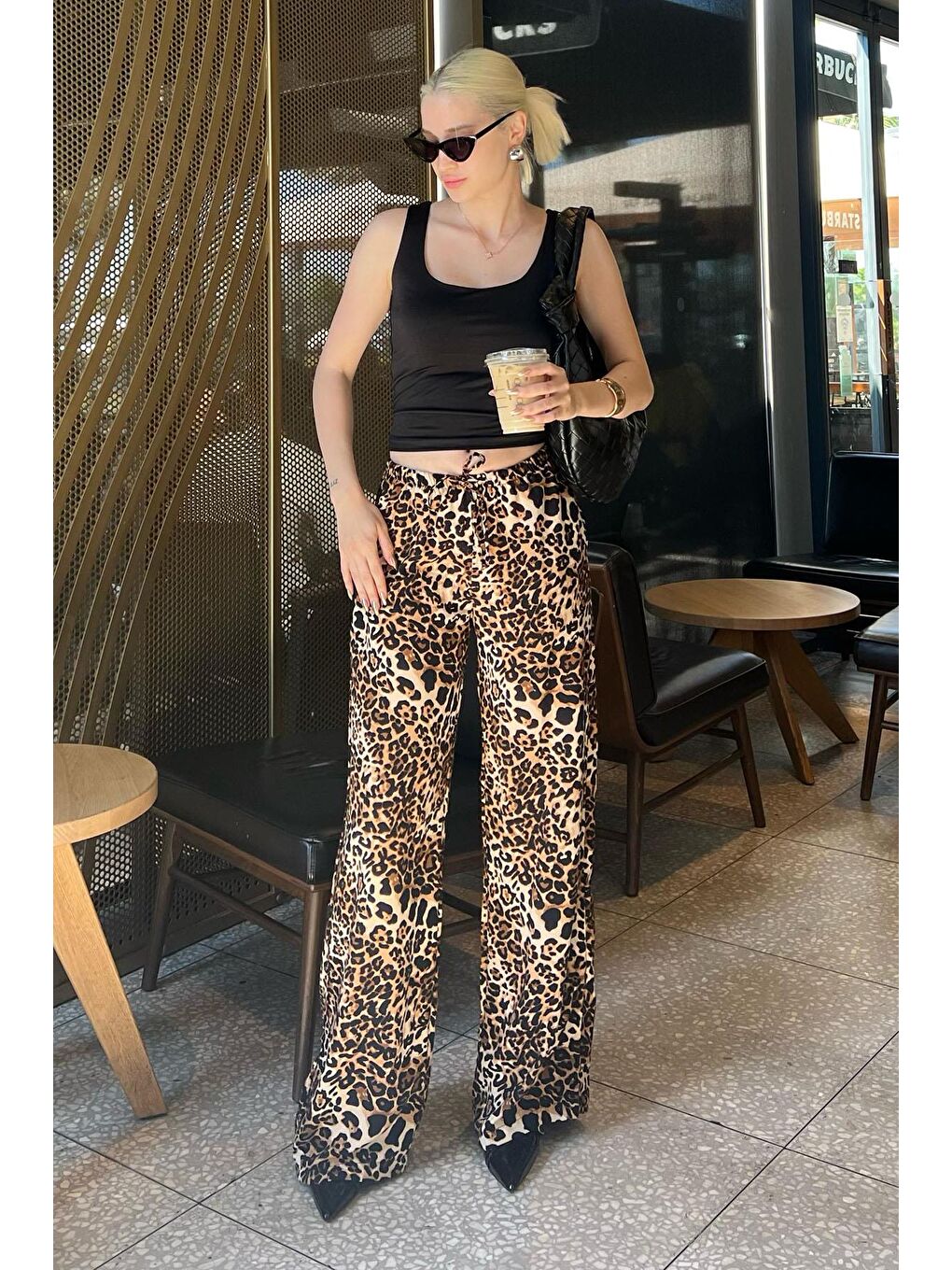 Bej Ayarlanabilir Bel Leopar Desenli Bol Paça Pantolon Mg2095-2
