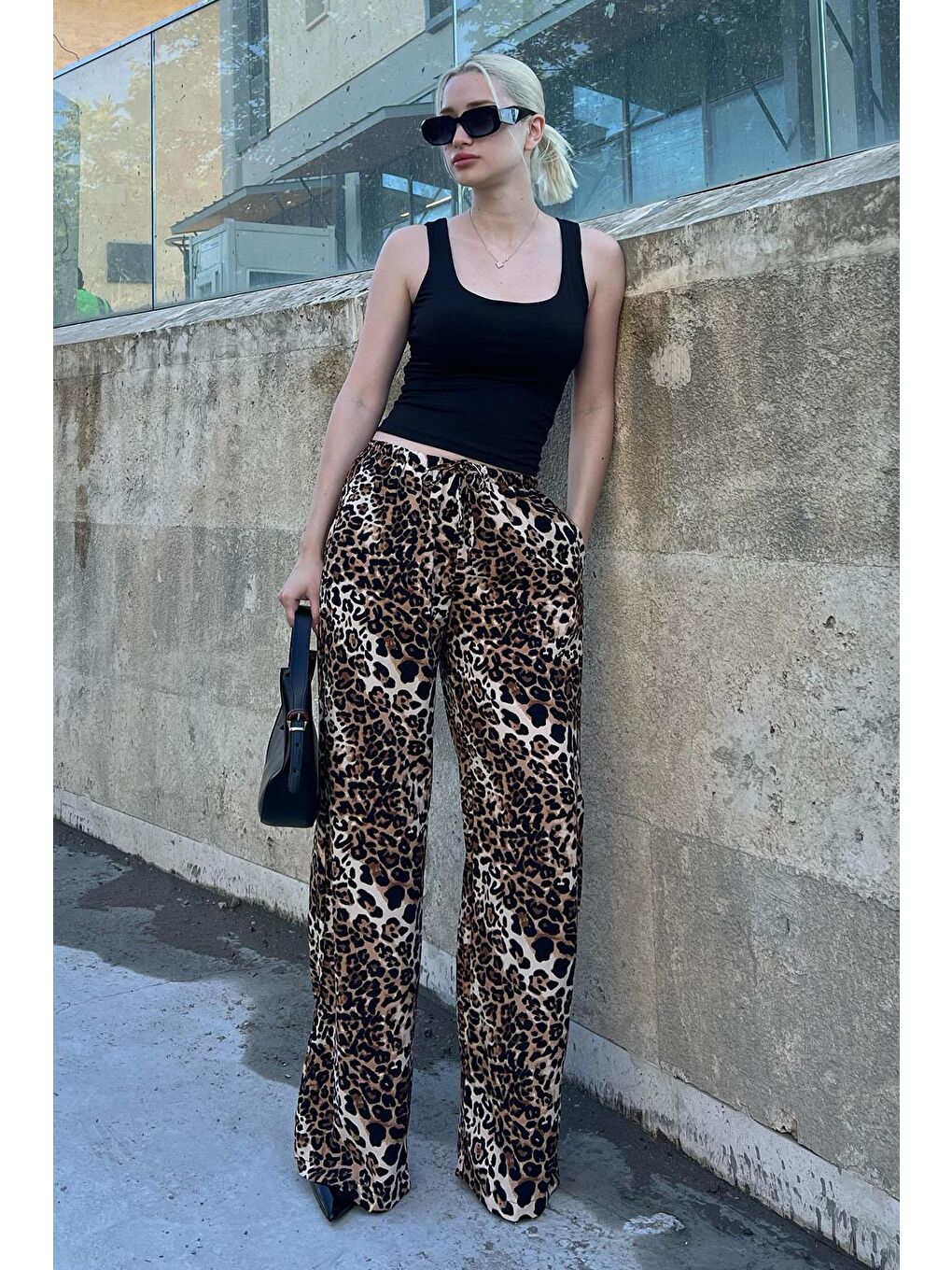 Bej Ayarlanabilir Bel Leopar Desenli Bol Paça Pantolon Mg2095-3