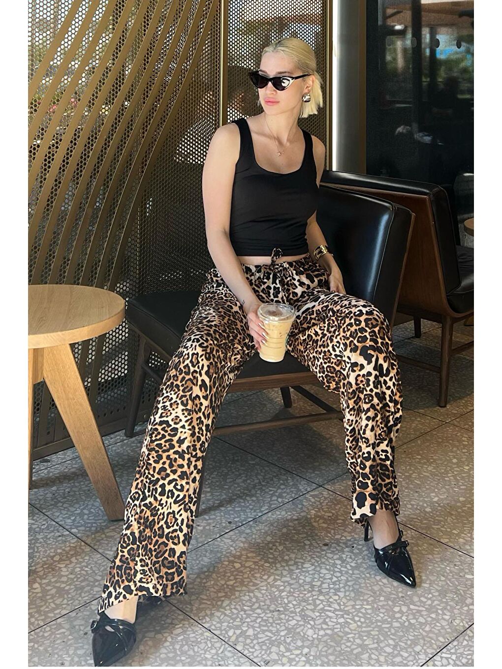 Bej Ayarlanabilir Bel Leopar Desenli Bol Paça Pantolon Mg2095-4