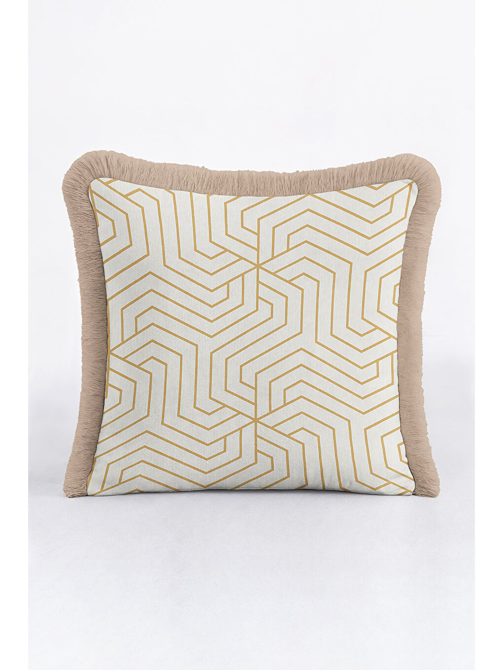 Karışık Geometrik Altın Renkli Saçaklı Yastık Kılıfı - Lüks Modern Bej-Gold Püsküllü Kırlent Kılıfı-1