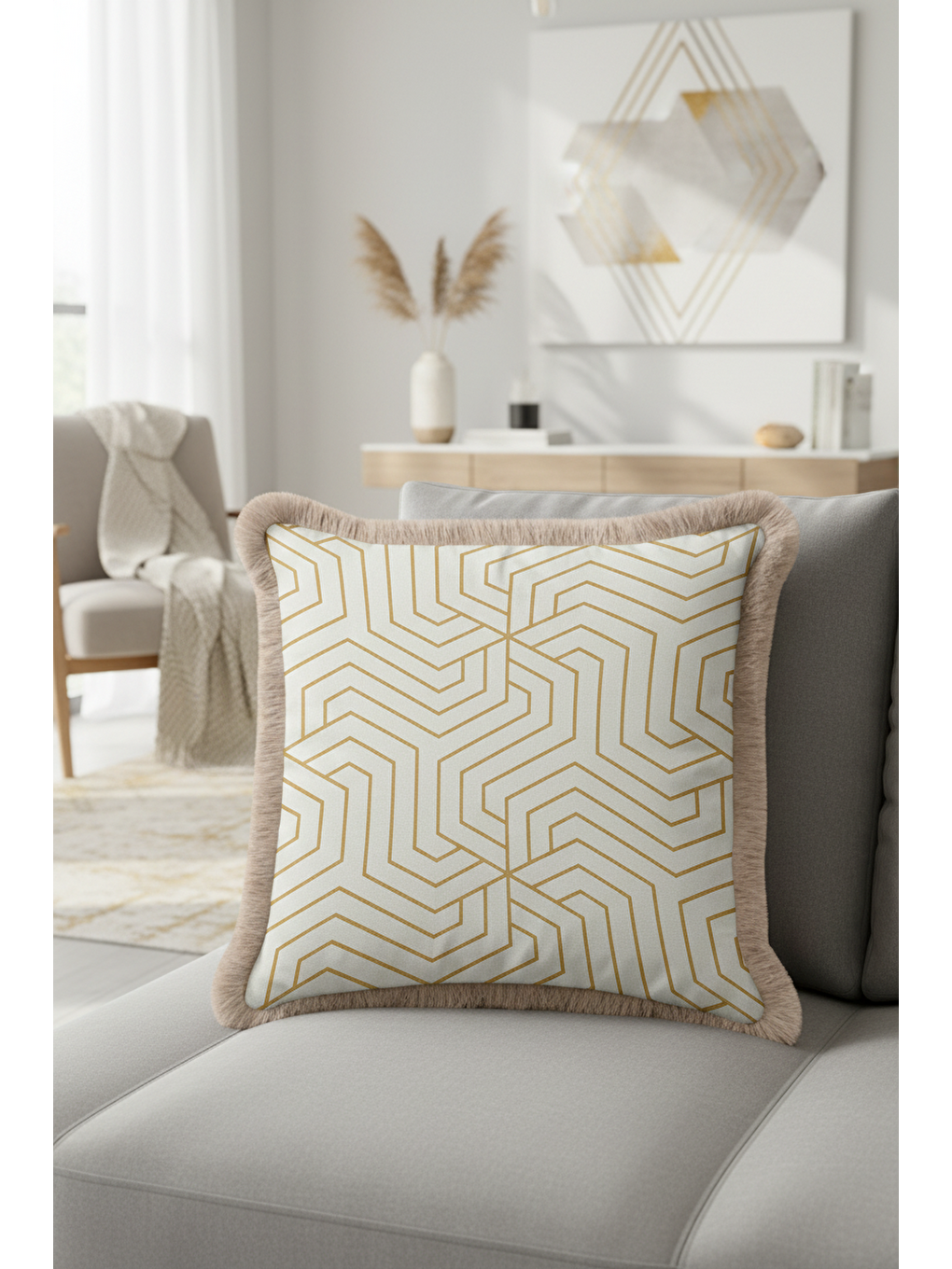 Karışık Geometrik Altın Renkli Saçaklı Yastık Kılıfı - Lüks Modern Bej-Gold Püsküllü Kırlent Kılıfı-2