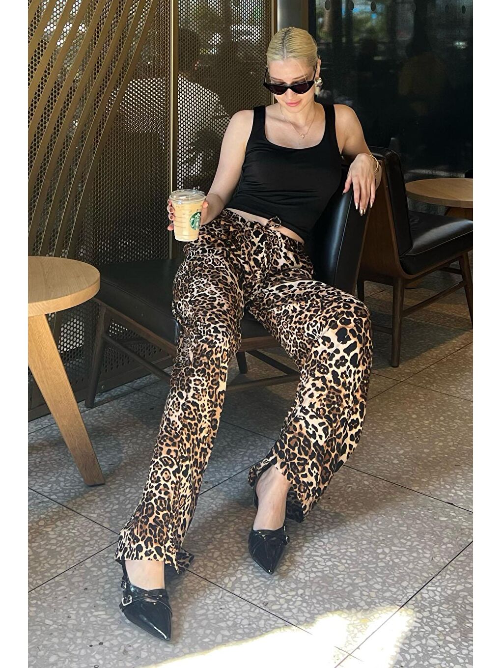 Bej Ayarlanabilir Bel Leopar Desenli Bol Paça Pantolon Mg2095-6