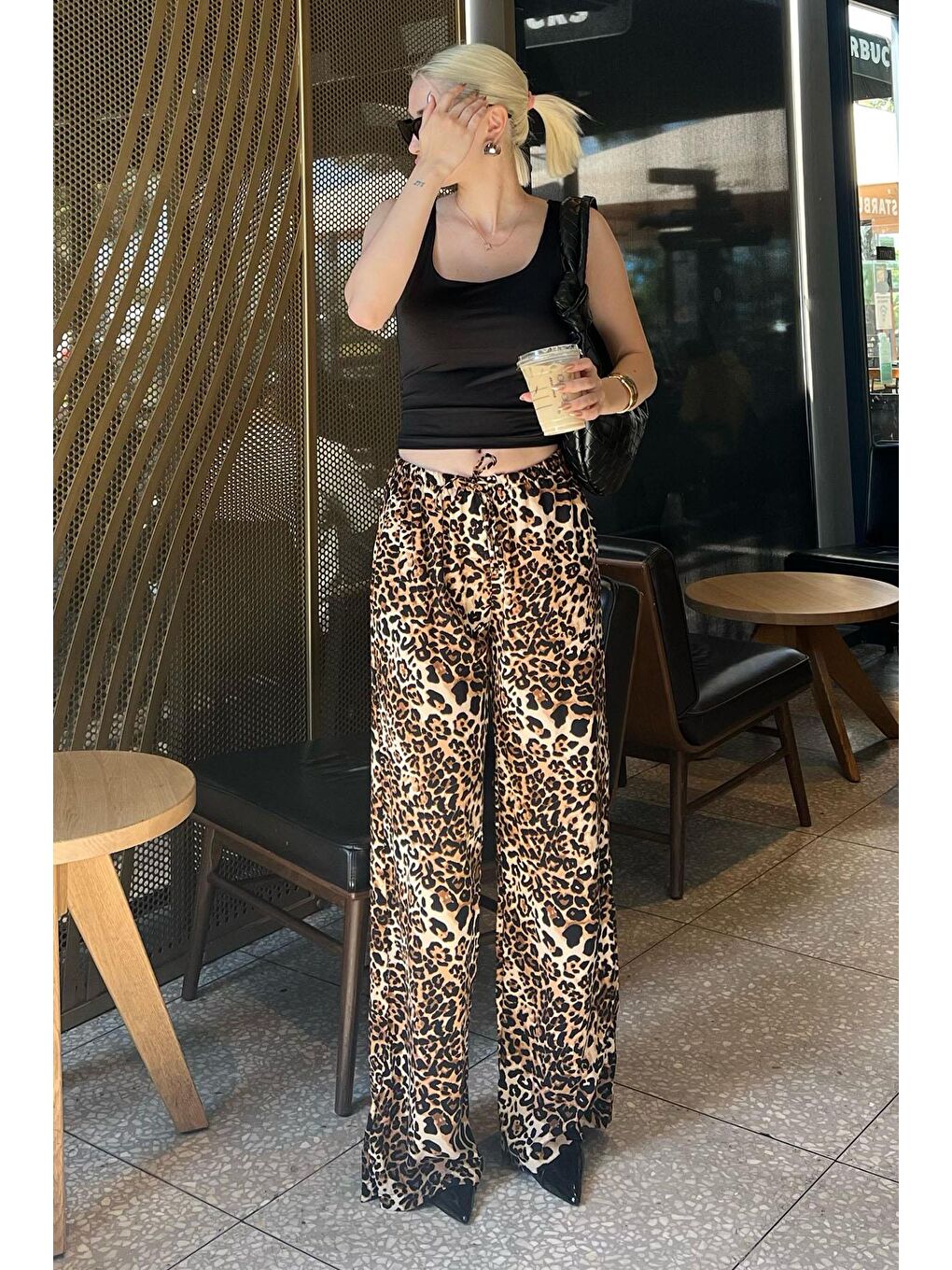 Bej Ayarlanabilir Bel Leopar Desenli Bol Paça Pantolon Mg2095-7