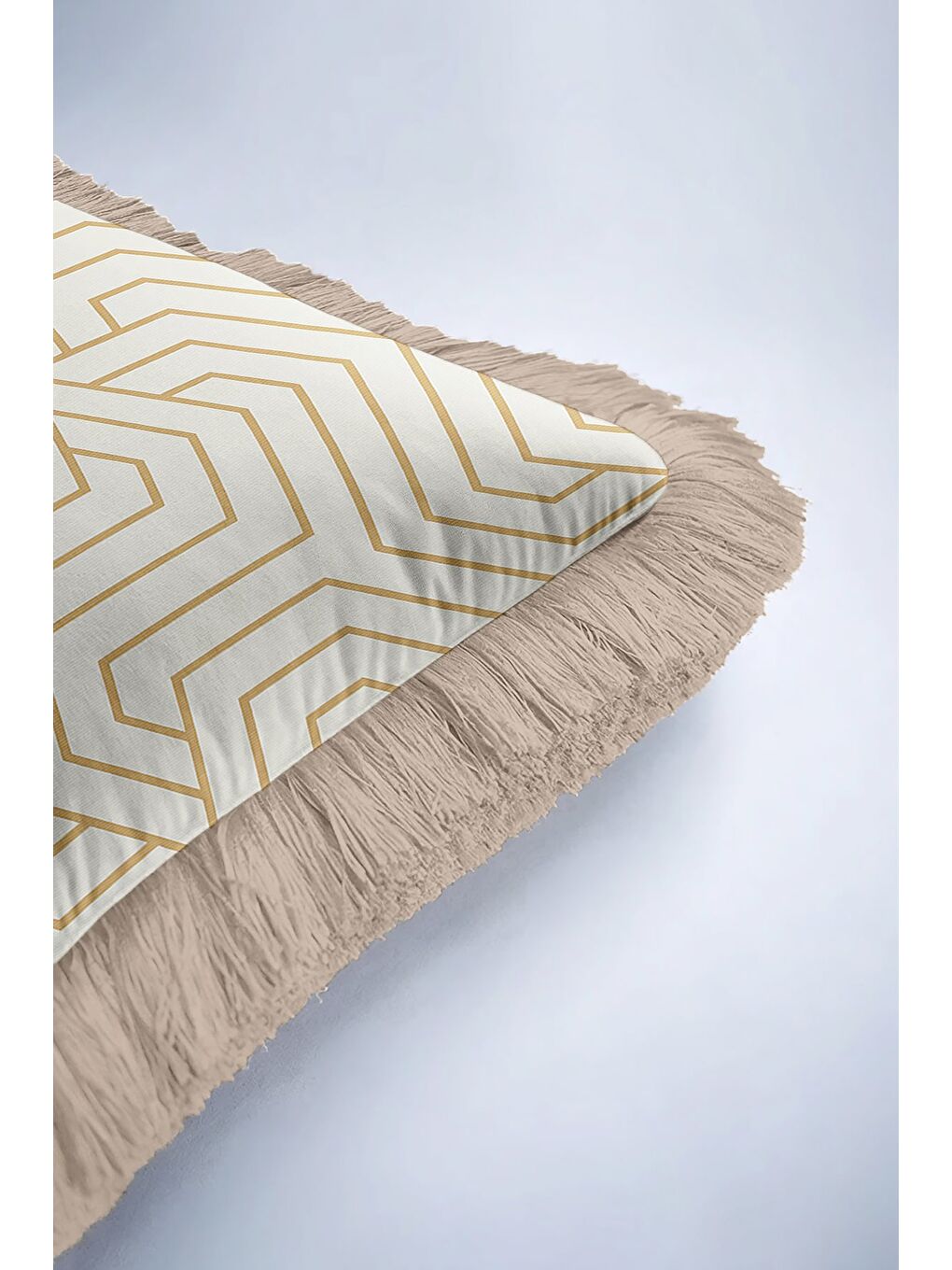 Karışık Geometrik Altın Renkli Saçaklı Yastık Kılıfı - Lüks Modern Bej-Gold Püsküllü Kırlent Kılıfı-6