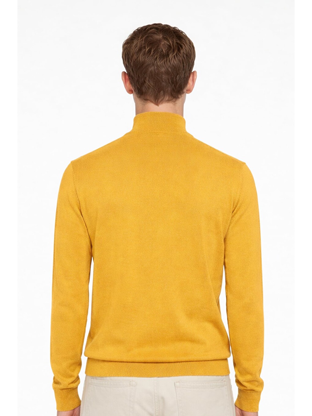 Sarı Slim Fit Yünlü Düz Yarım Balıkçı Yaka Triko Kazak-2