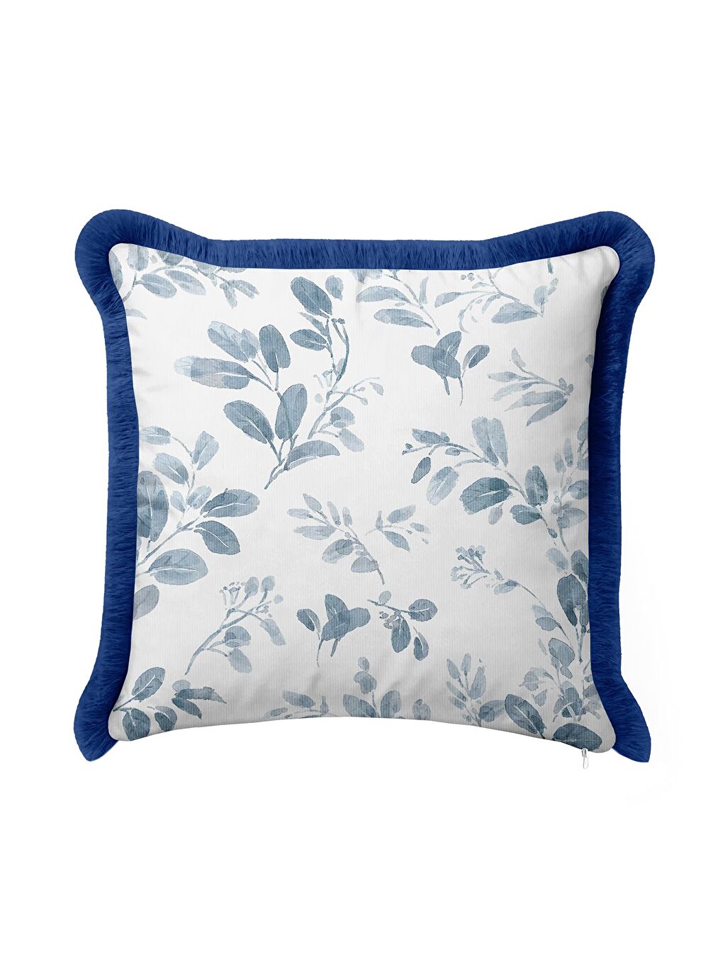 Karışık Botanik Lüks Saçaklı Yastık Kılıfı - Su Yeşili Yaprak Modern Mavi Püsküllü Kırlent Kılıfı