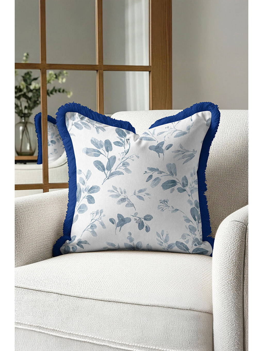 Karışık Botanik Lüks Saçaklı Yastık Kılıfı - Su Yeşili Yaprak Modern Mavi Püsküllü Kırlent Kılıfı-1