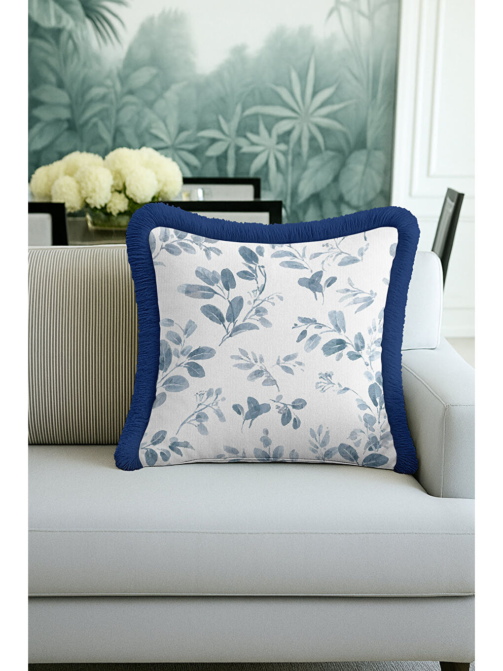 Karışık Botanik Lüks Saçaklı Yastık Kılıfı - Su Yeşili Yaprak Modern Mavi Püsküllü Kırlent Kılıfı-2