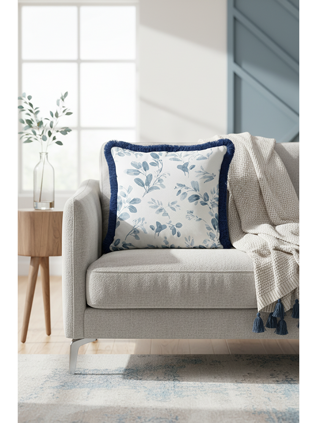 Karışık Botanik Lüks Saçaklı Yastık Kılıfı - Su Yeşili Yaprak Modern Mavi Püsküllü Kırlent Kılıfı-3