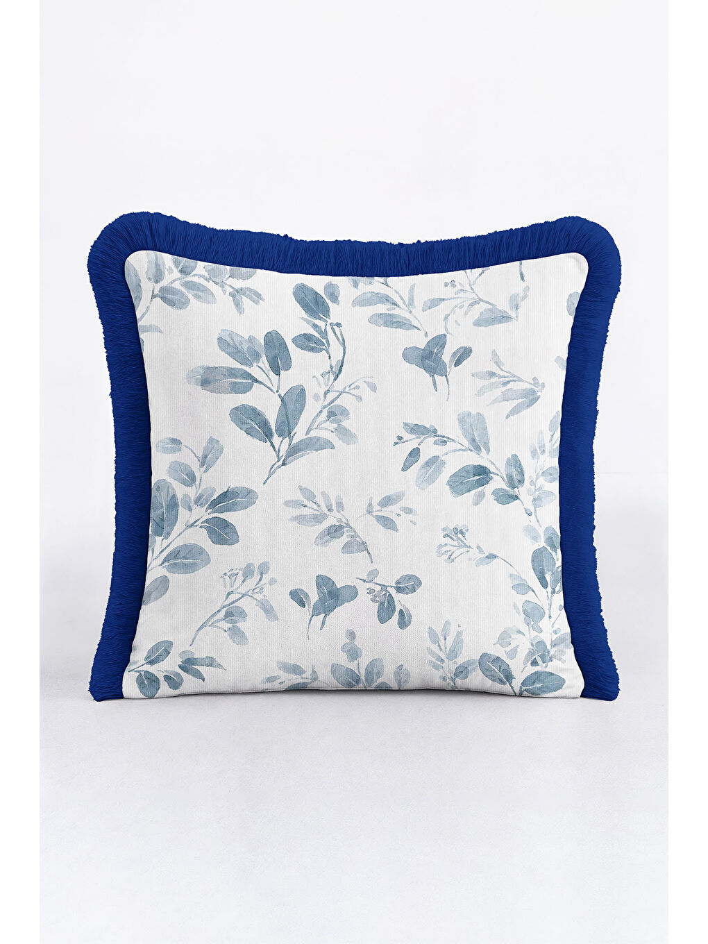 Karışık Botanik Lüks Saçaklı Yastık Kılıfı - Su Yeşili Yaprak Modern Mavi Püsküllü Kırlent Kılıfı-4