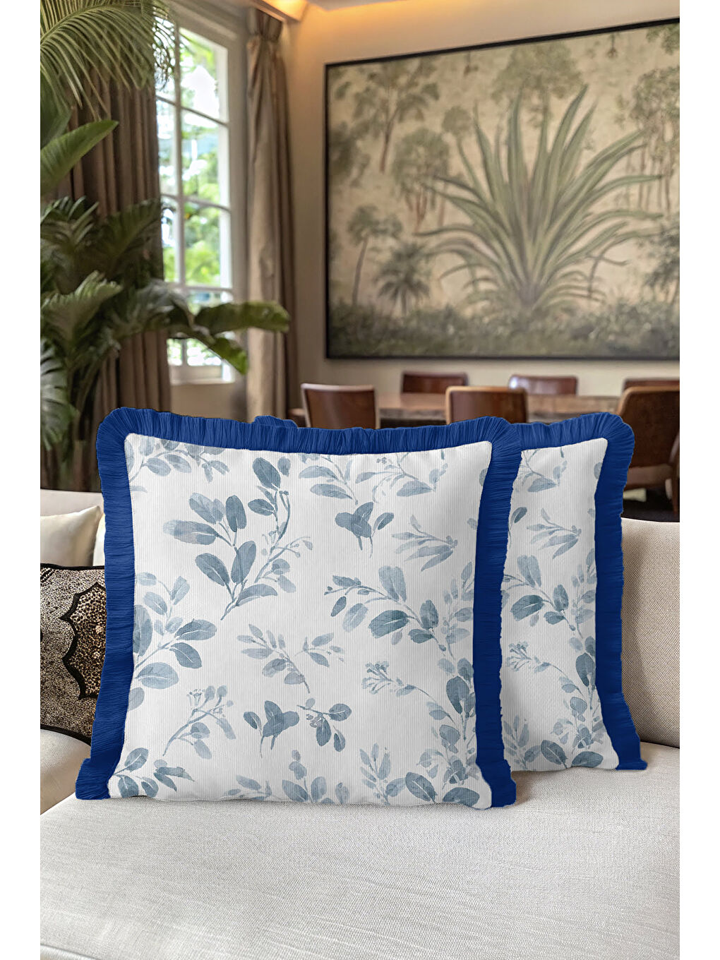 Karışık Botanik Lüks Saçaklı Yastık Kılıfı - Su Yeşili Yaprak Modern Mavi Püsküllü Kırlent Kılıfı-5