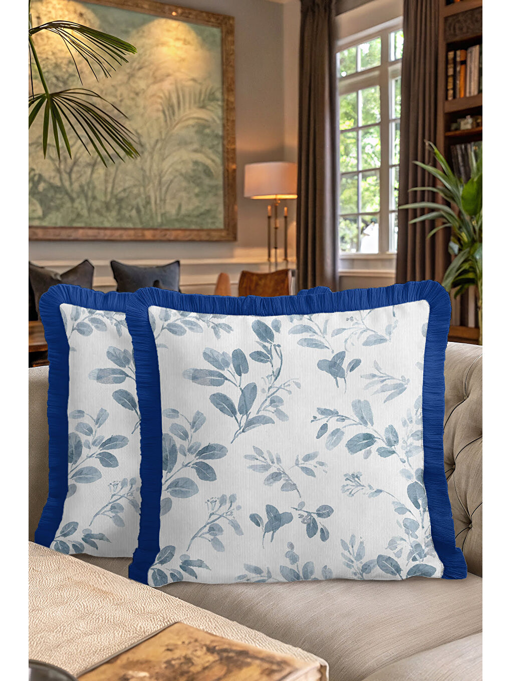 Karışık Botanik Lüks Saçaklı Yastık Kılıfı - Su Yeşili Yaprak Modern Mavi Püsküllü Kırlent Kılıfı-7