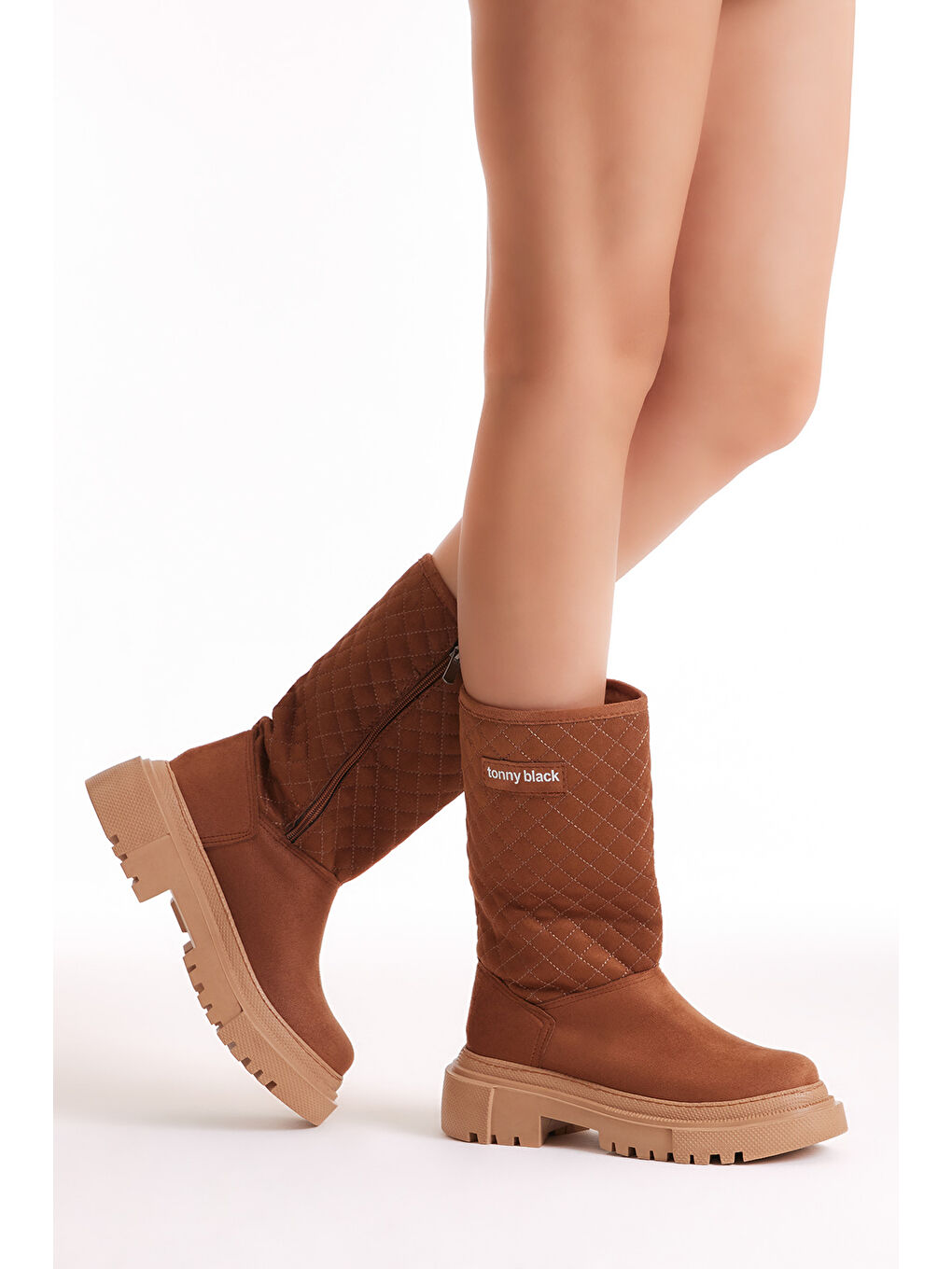 Kahverengi Kadın Taba Kapitone Desenli Rahat Kalıp Uzun Bot-1