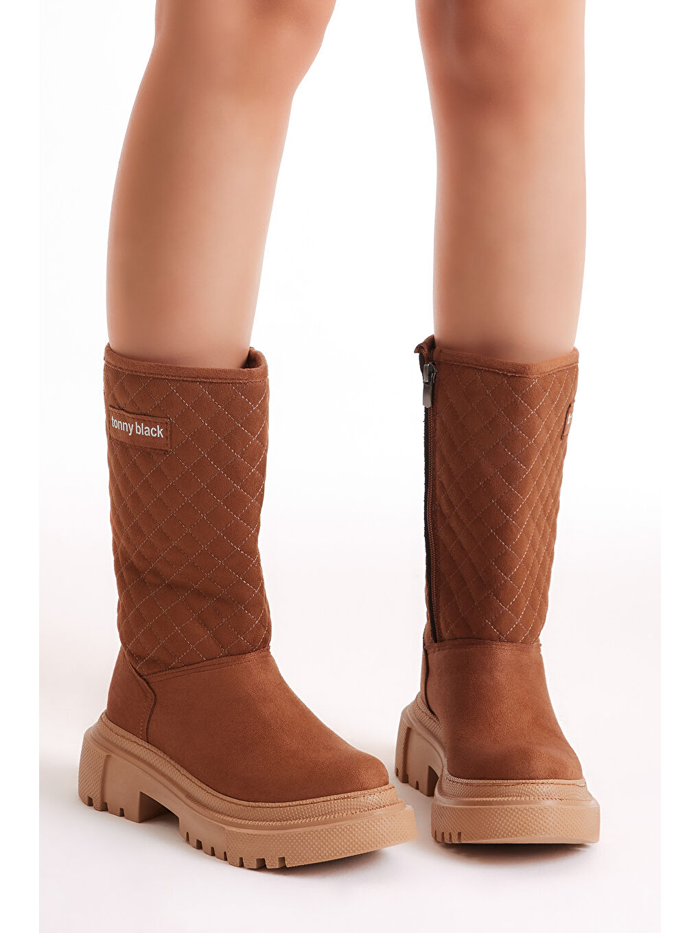 Kahverengi Kadın Taba Kapitone Desenli Rahat Kalıp Uzun Bot-2