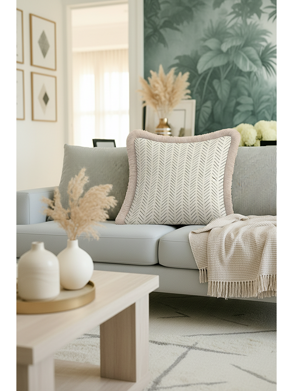 Karışık Modern Şerit Çizgili Saçaklı Yastık Kılıfı - İskandinav Tarz Bej Kenarlı Gri Püsküllü Kırlent Kılıfı-1