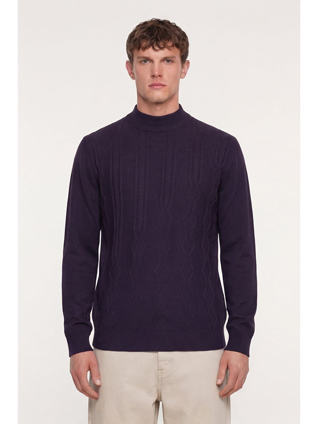 Mor Slim Fit Yarım Balıkçı Yaka Yünlü Triko Kazak
