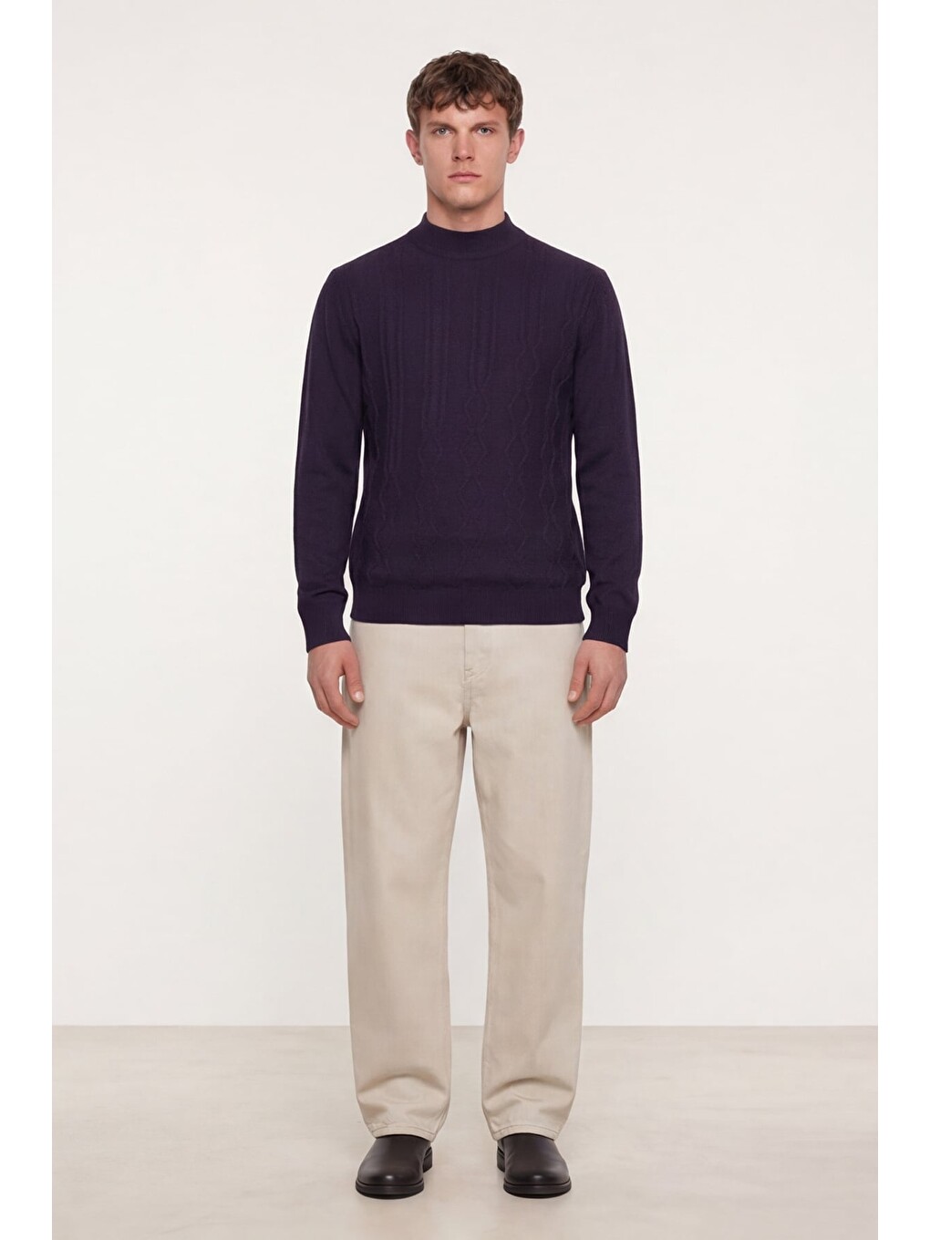 Mor Slim Fit Yarım Balıkçı Yaka Yünlü Triko Kazak-1