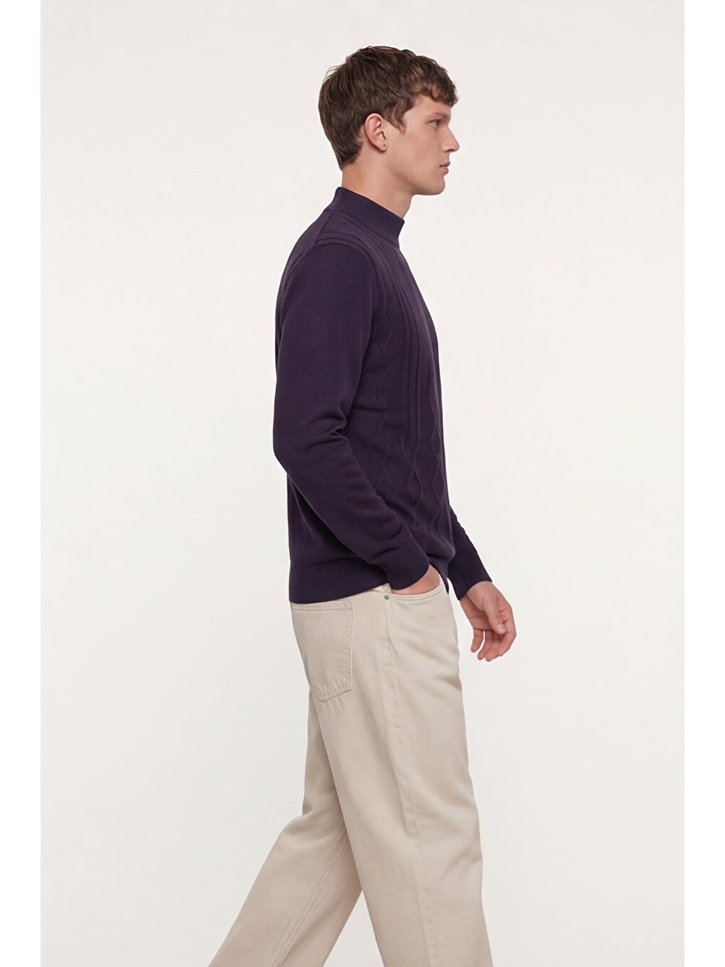 Mor Slim Fit Yarım Balıkçı Yaka Yünlü Triko Kazak-2