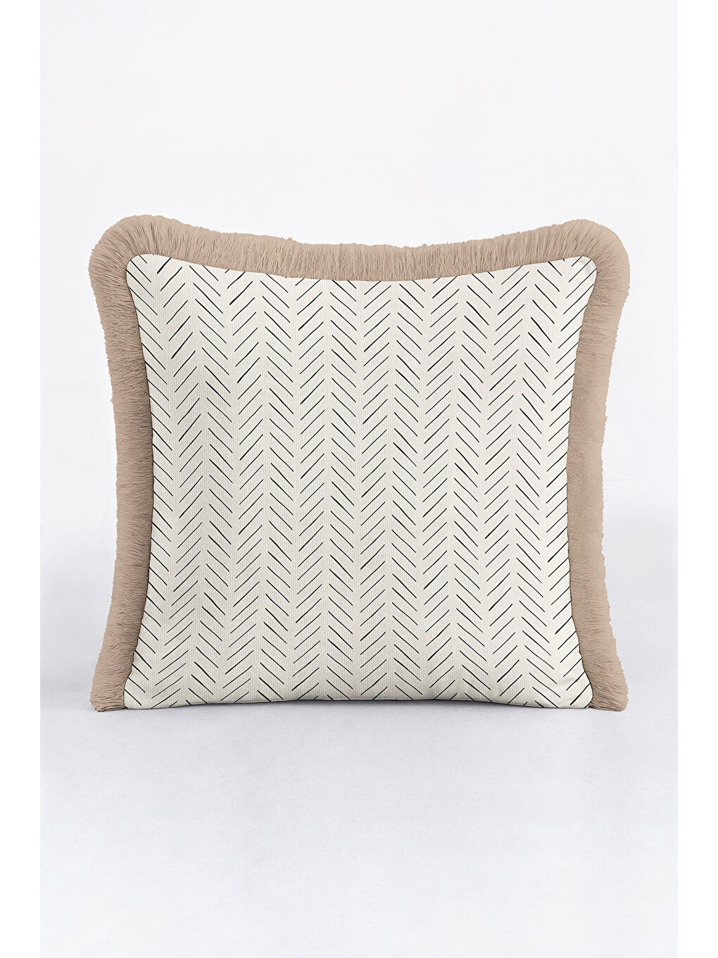 Karışık Modern Şerit Çizgili Saçaklı Yastık Kılıfı - İskandinav Tarz Bej Kenarlı Gri Püsküllü Kırlent Kılıfı-4