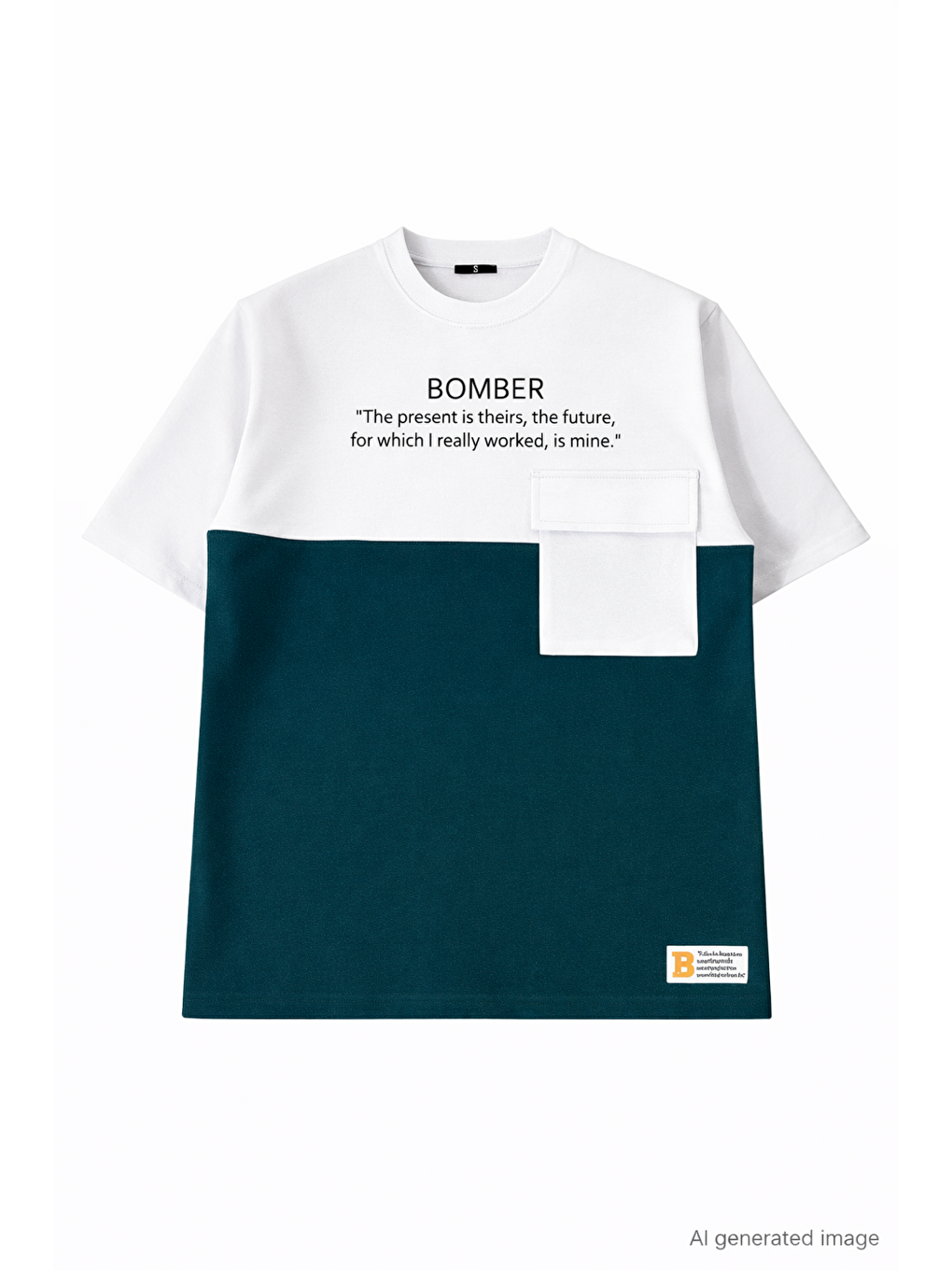 Unisex Torba Cep Detaylı  Parçalı T-Shirt - Lacivert