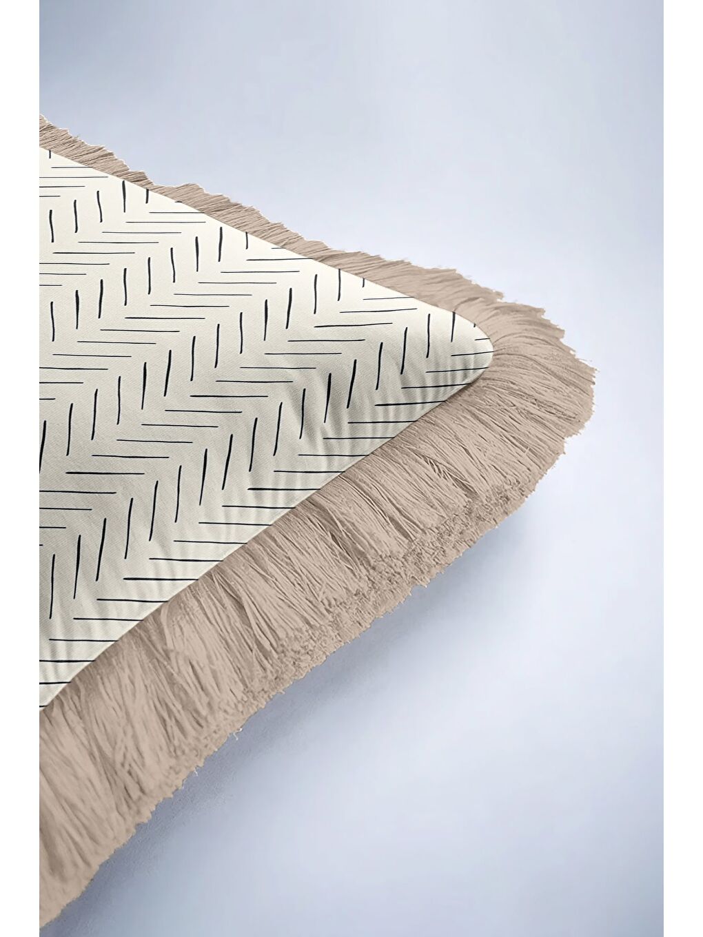 Karışık Modern Şerit Çizgili Saçaklı Yastık Kılıfı - İskandinav Tarz Bej Kenarlı Gri Püsküllü Kırlent Kılıfı-6
