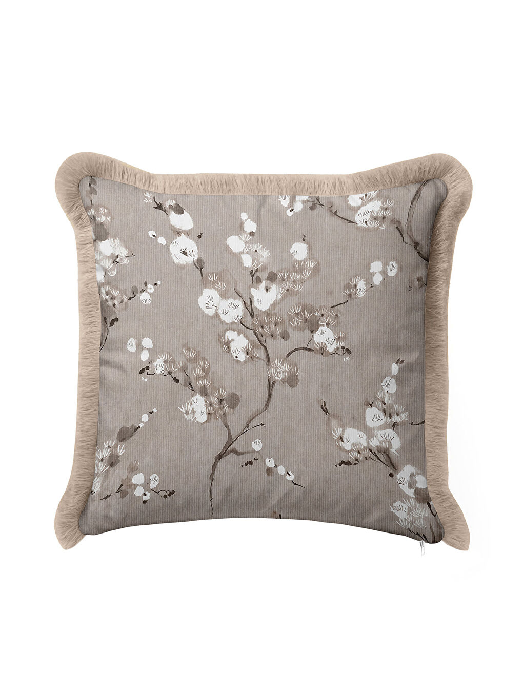 Karışık Vişne Dalı Motifli Saçaklı Yastık Kılıfı - Zarif Doğa Temalı Country Bej Püsküllü Kırlent Kılıfı-1