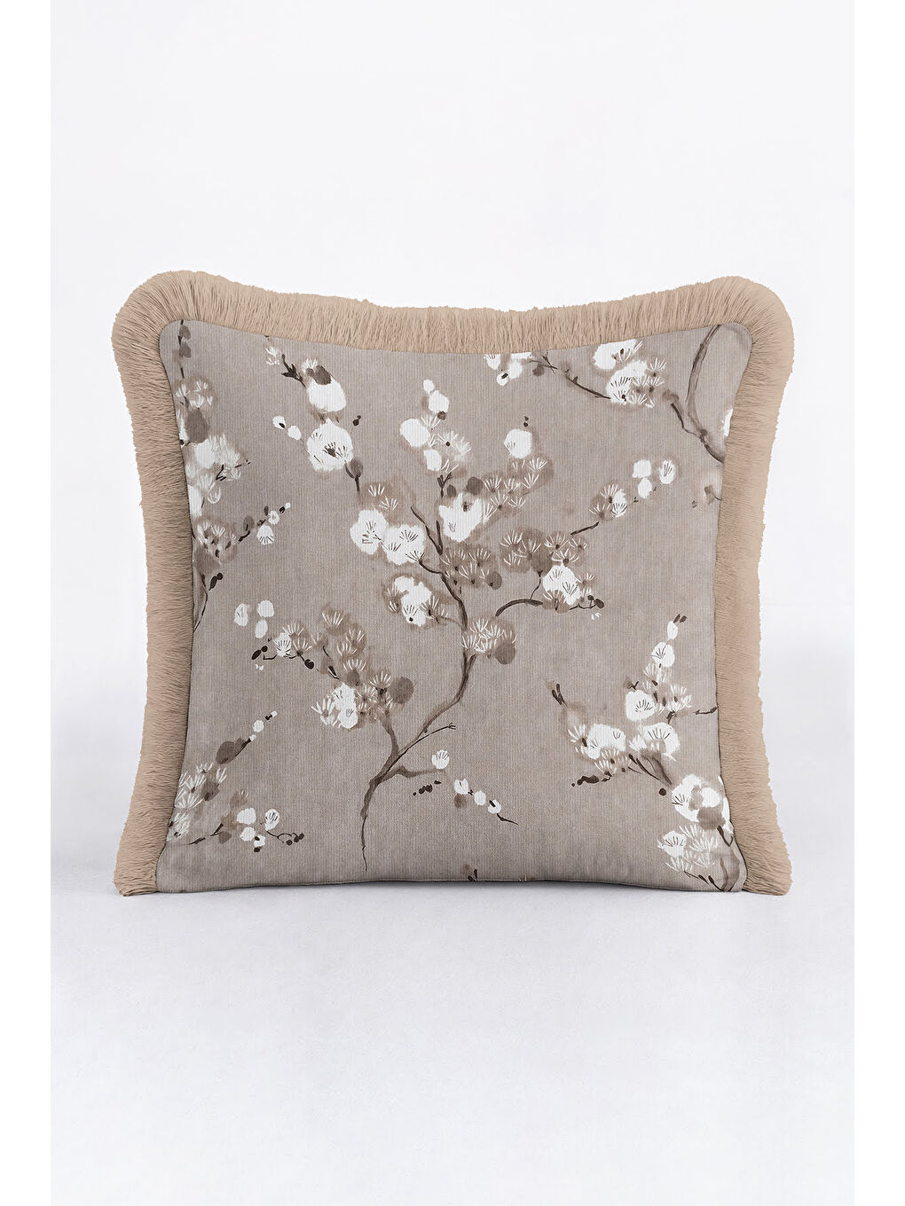 Karışık Vişne Dalı Motifli Saçaklı Yastık Kılıfı - Zarif Doğa Temalı Country Bej Püsküllü Kırlent Kılıfı-3