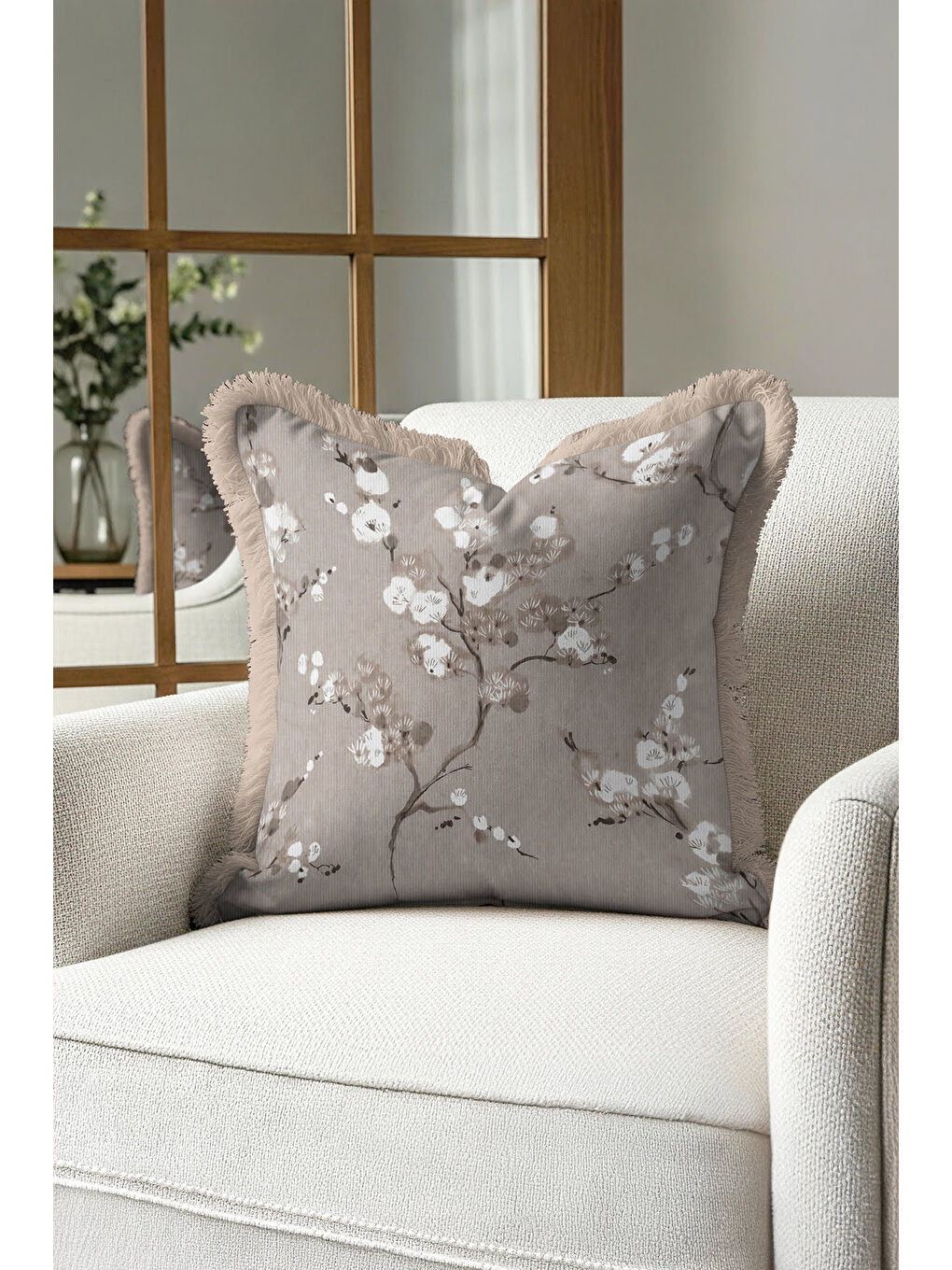 Karışık Vişne Dalı Motifli Saçaklı Yastık Kılıfı - Zarif Doğa Temalı Country Bej Püsküllü Kırlent Kılıfı-4