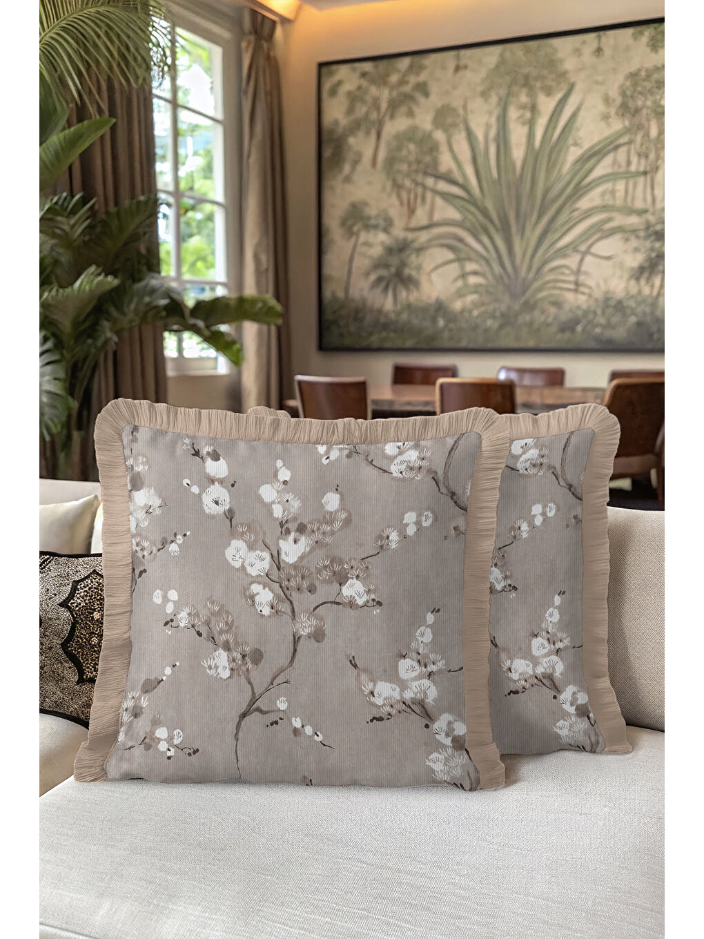 Karışık Vişne Dalı Motifli Saçaklı Yastık Kılıfı - Zarif Doğa Temalı Country Bej Püsküllü Kırlent Kılıfı-5