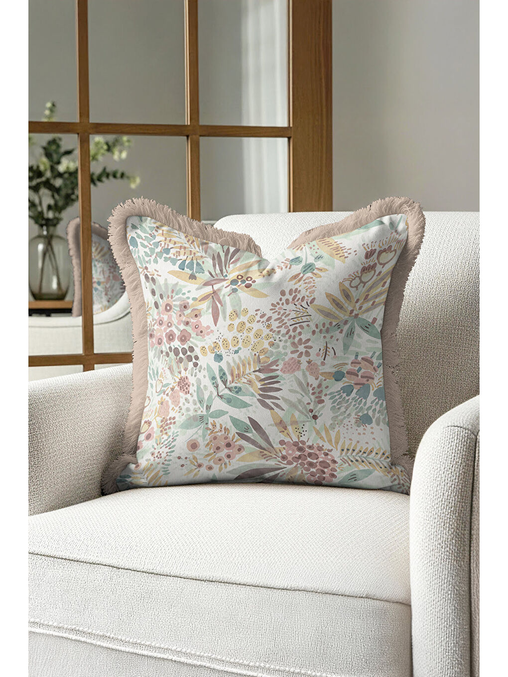 Karışık Pastel Botanik Saçaklı Yastık Kılıfı - Doğal Bahar Rustik Bej Püsküllü Kırlent Kılıfı