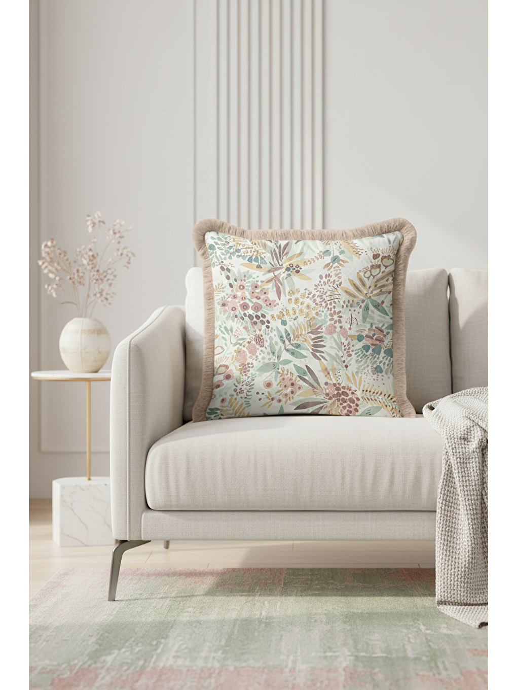 Karışık Pastel Botanik Saçaklı Yastık Kılıfı - Doğal Bahar Rustik Bej Püsküllü Kırlent Kılıfı-3