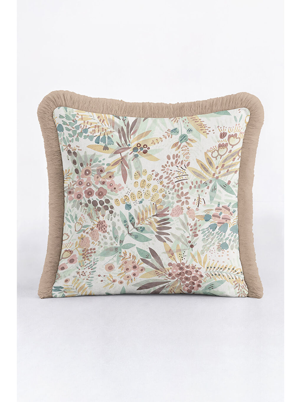 Karışık Pastel Botanik Saçaklı Yastık Kılıfı - Doğal Bahar Rustik Bej Püsküllü Kırlent Kılıfı-4