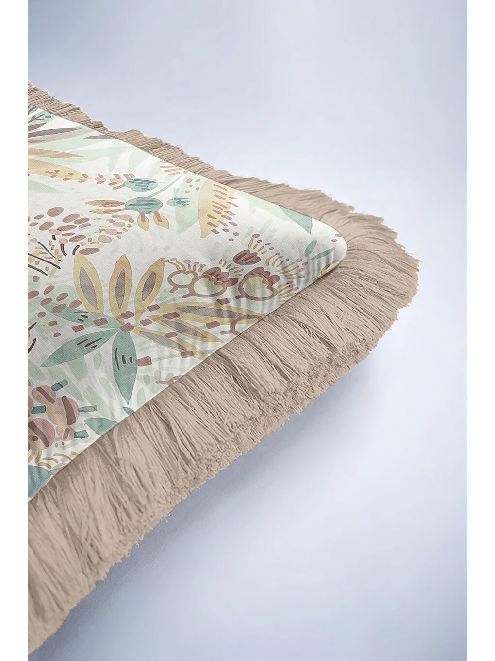 Karışık Pastel Botanik Saçaklı Yastık Kılıfı - Doğal Bahar Rustik Bej Püsküllü Kırlent Kılıfı-6