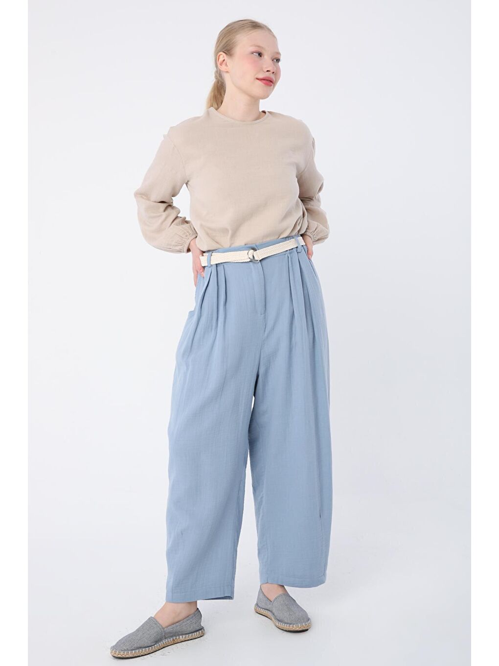 Mavi %100 Pamuk Kemerli Beli Lastikli Bol Şalvar Pantolon