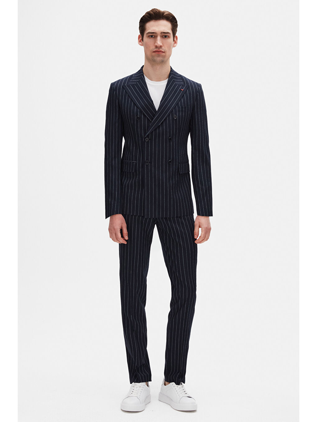 Regular Fit Lacivert Çizgili Kruvaze Takim Elbise-1