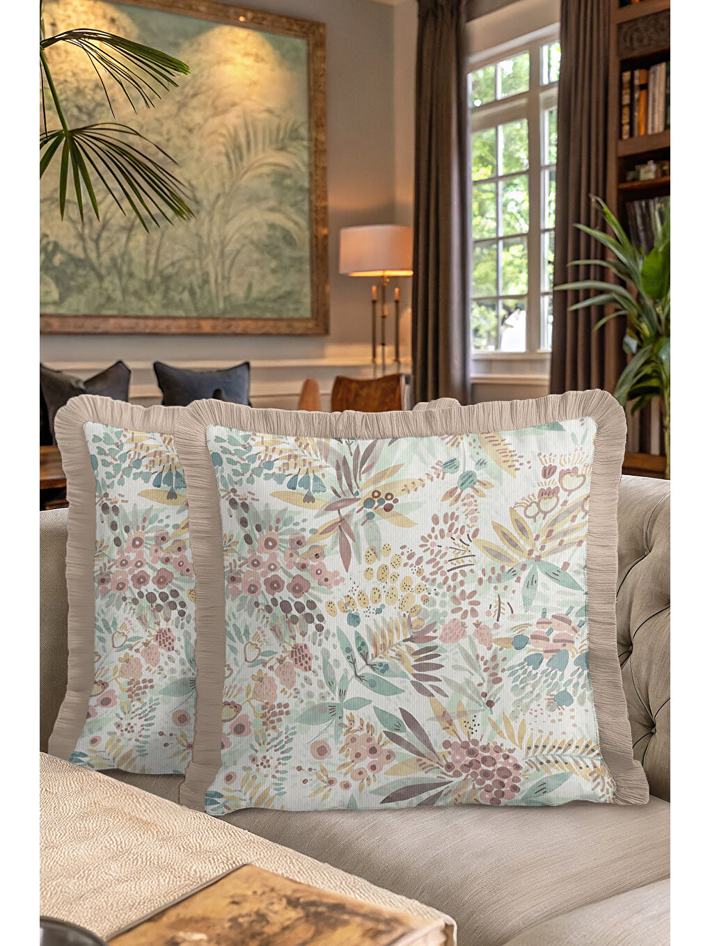 Karışık Pastel Botanik Saçaklı Yastık Kılıfı - Doğal Bahar Rustik Bej Püsküllü Kırlent Kılıfı-7