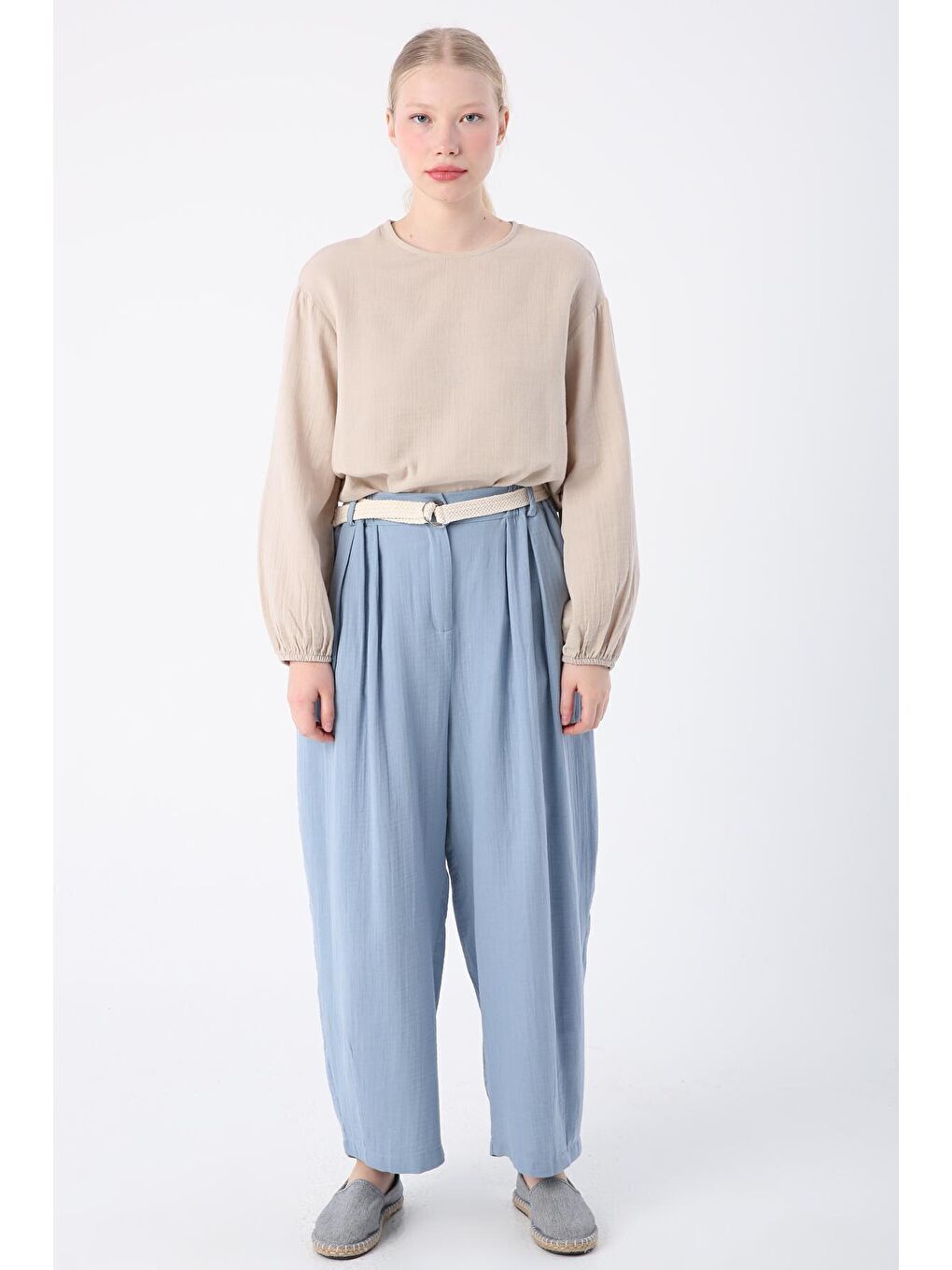 Mavi %100 Pamuk Kemerli Beli Lastikli Bol Şalvar Pantolon-1