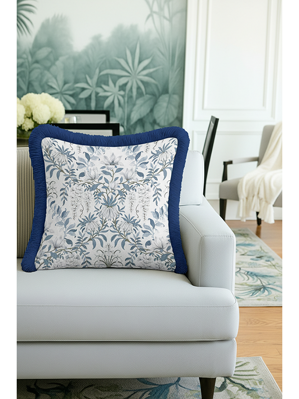 Karışık Zarif Çiçek Motifli Saçaklı Yastık Kılıfı - Klasik Bohem Mavi Beyaz Püsküllü Kırlent Kılıfı-1