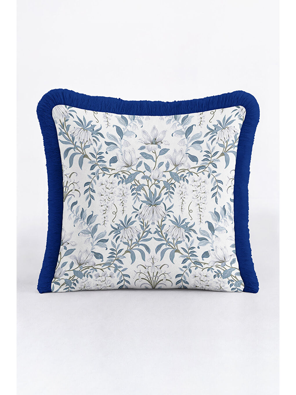 Karışık Zarif Çiçek Motifli Saçaklı Yastık Kılıfı - Klasik Bohem Mavi Beyaz Püsküllü Kırlent Kılıfı-2