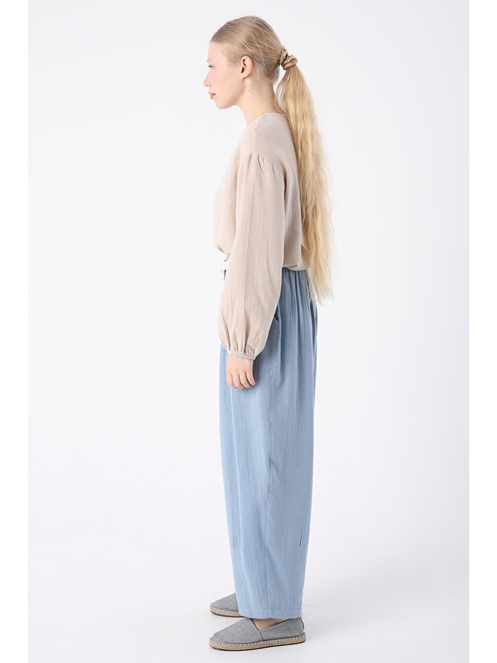 Mavi %100 Pamuk Kemerli Beli Lastikli Bol Şalvar Pantolon-2