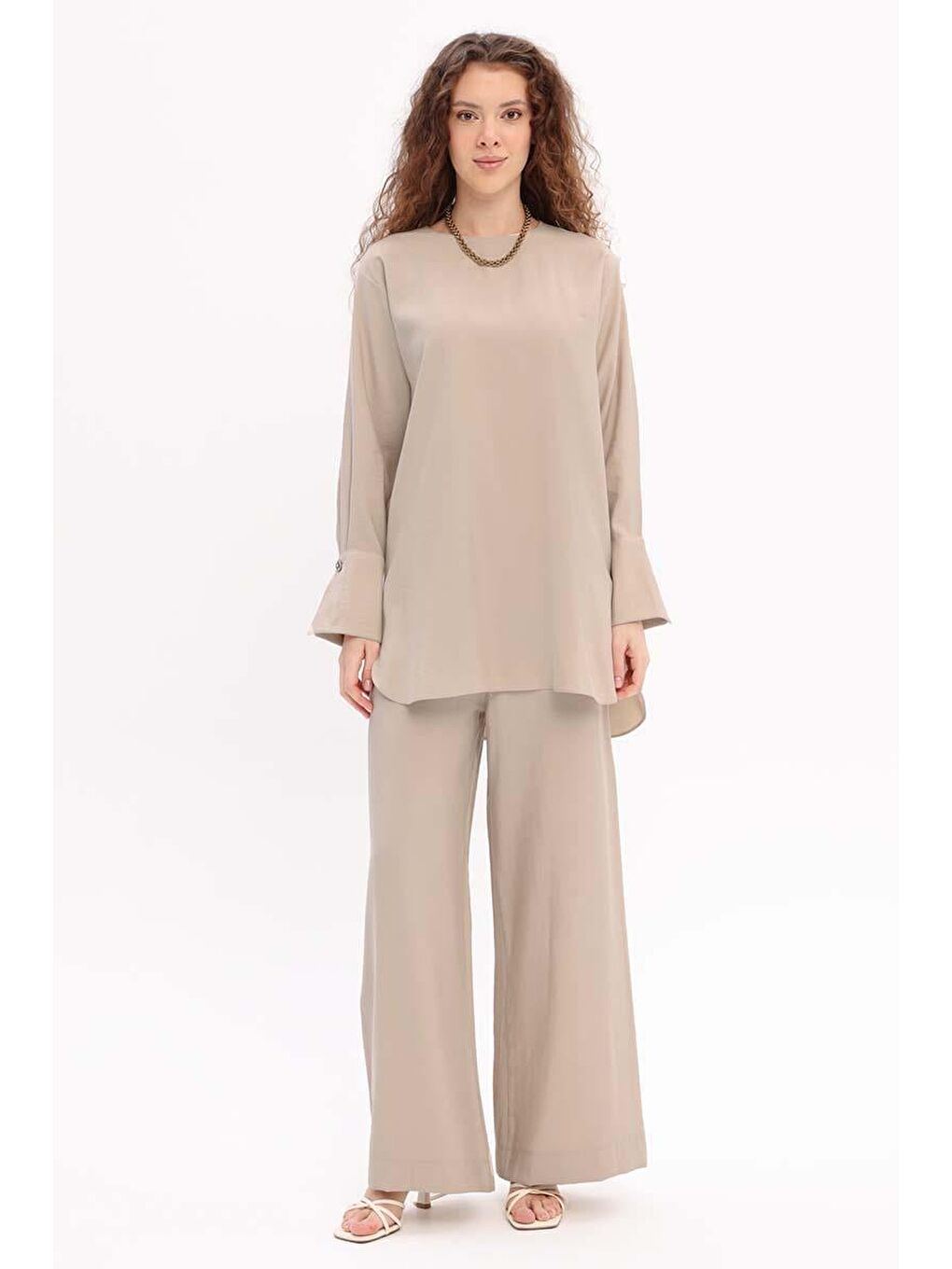 Ekru-Yırtmaçlı Pantolonlu Takım-1