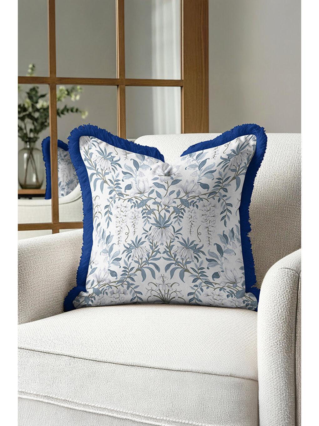 Karışık Zarif Çiçek Motifli Saçaklı Yastık Kılıfı - Klasik Bohem Mavi Beyaz Püsküllü Kırlent Kılıfı-3