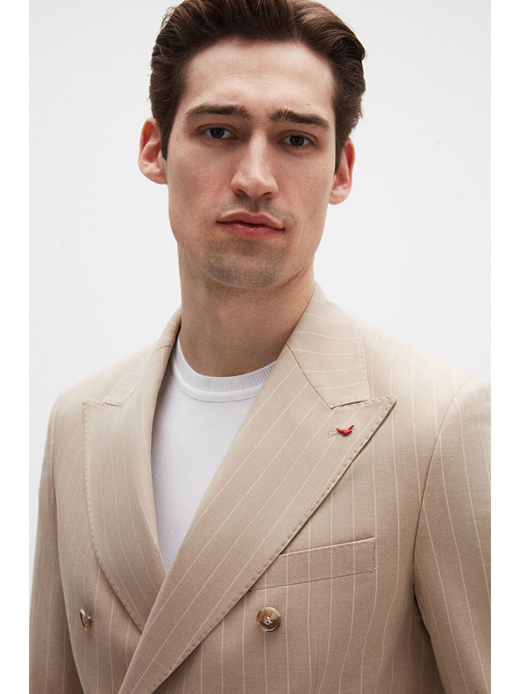 Regular Fit Bej Çizgili Kruvaze Takim Elbise-1