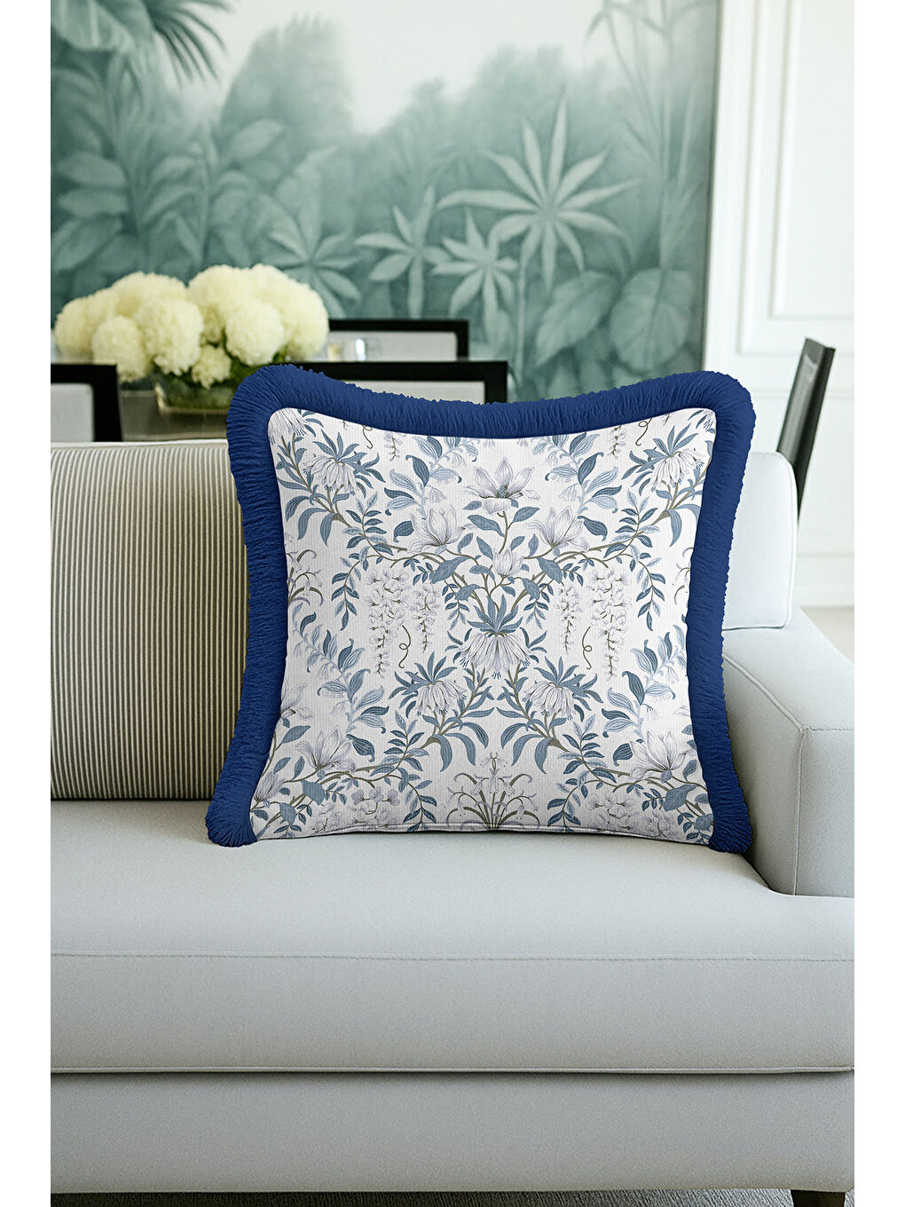 Karışık Zarif Çiçek Motifli Saçaklı Yastık Kılıfı - Klasik Bohem Mavi Beyaz Püsküllü Kırlent Kılıfı-4