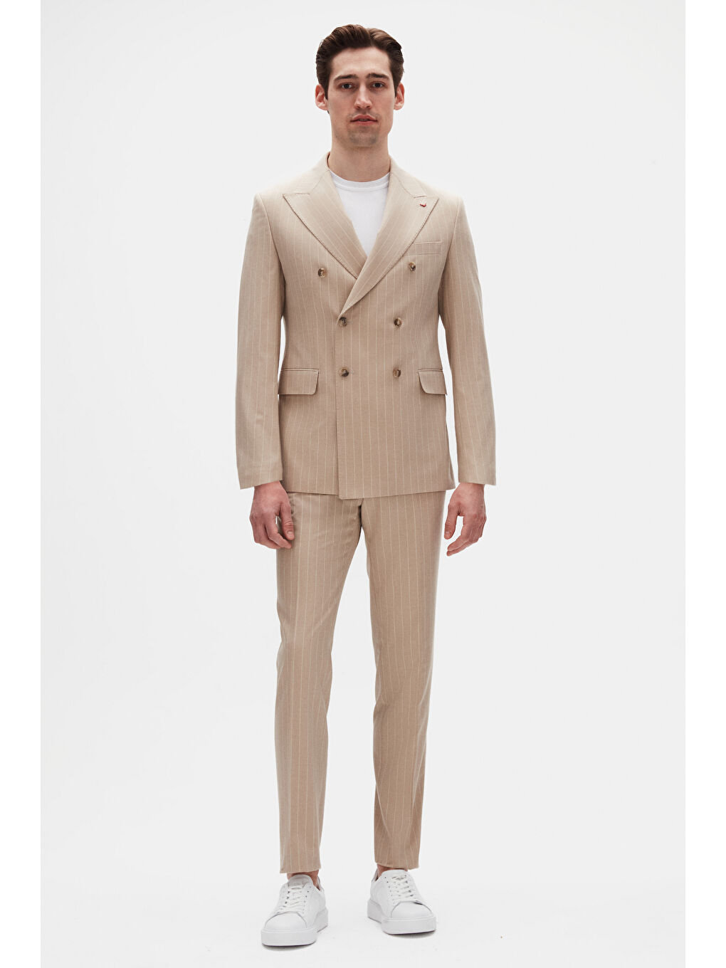 Regular Fit Bej Çizgili Kruvaze Takim Elbise-3