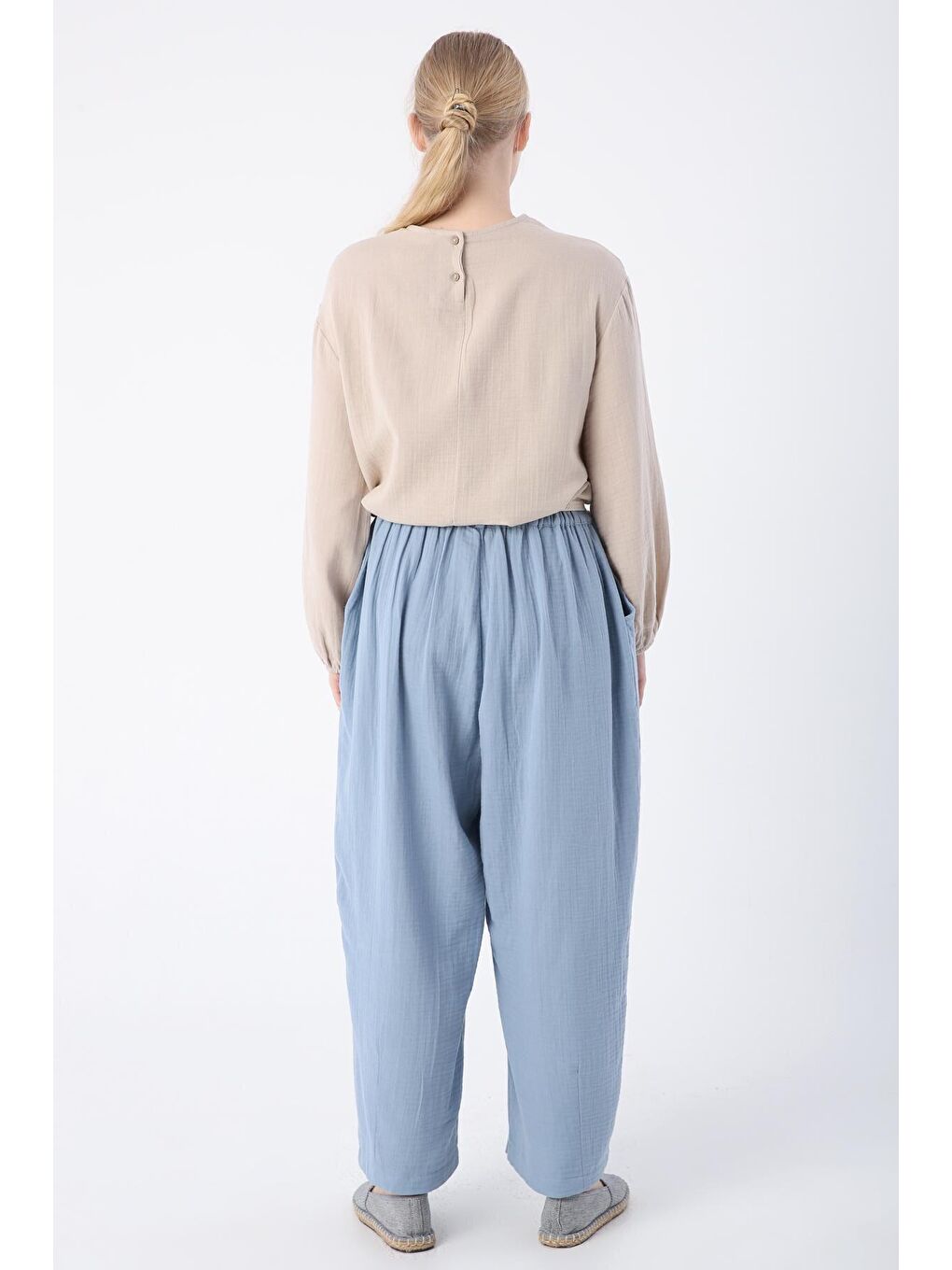 Mavi %100 Pamuk Kemerli Beli Lastikli Bol Şalvar Pantolon-3