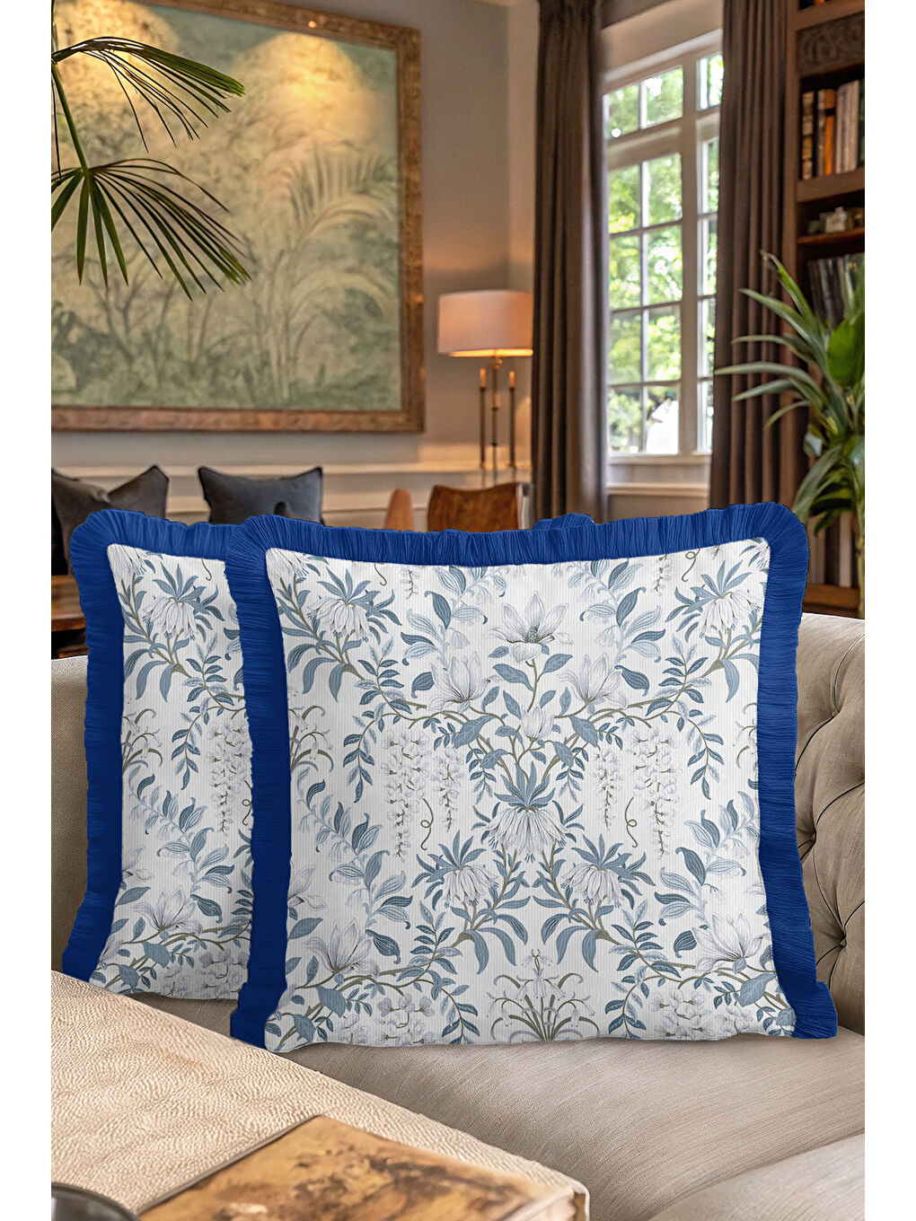 Karışık Zarif Çiçek Motifli Saçaklı Yastık Kılıfı - Klasik Bohem Mavi Beyaz Püsküllü Kırlent Kılıfı-7