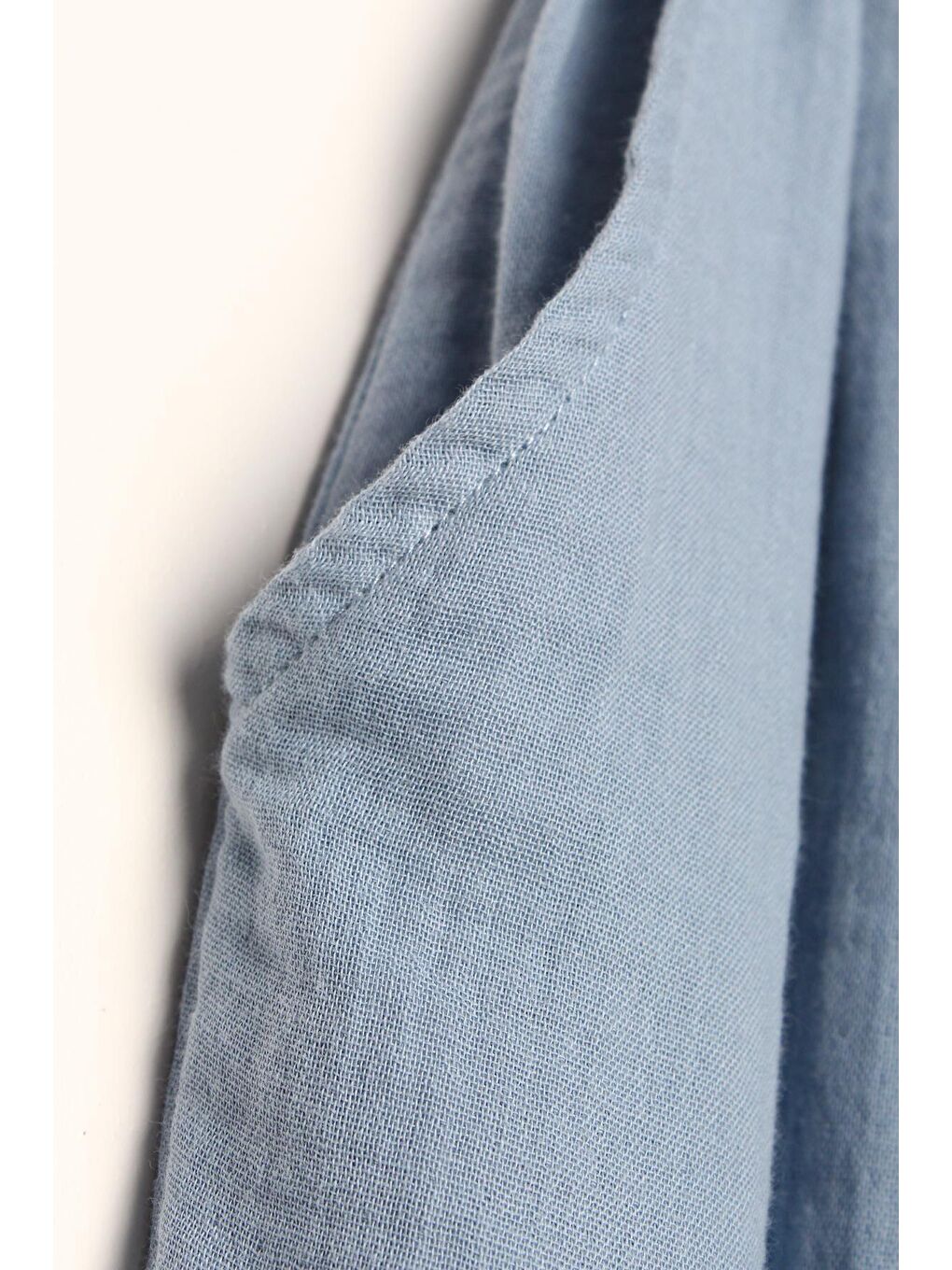 Mavi %100 Pamuk Kemerli Beli Lastikli Bol Şalvar Pantolon-4