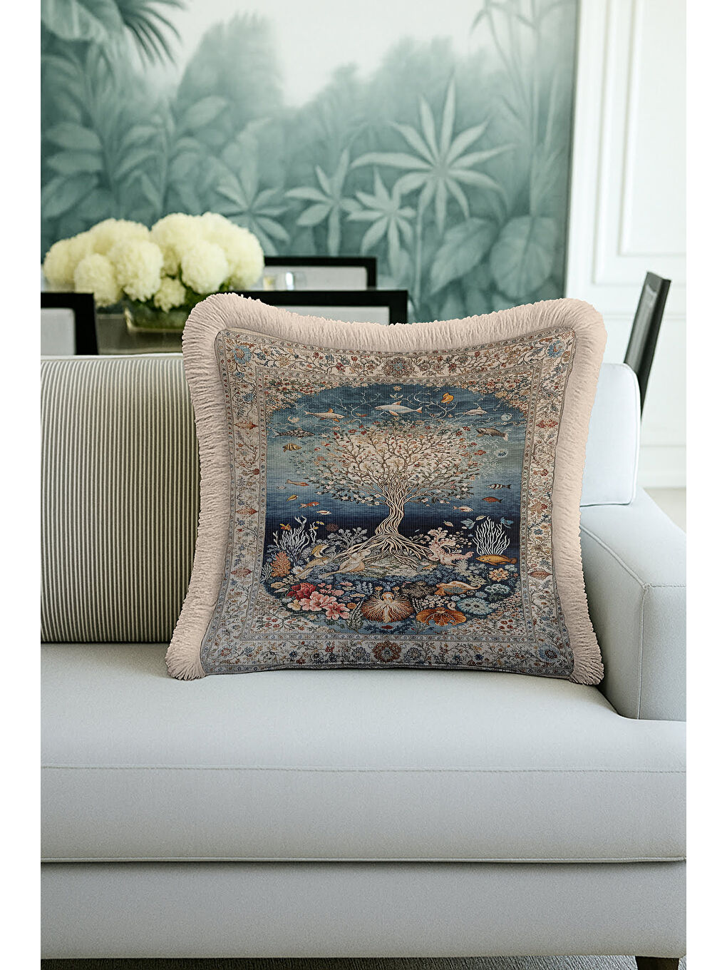 Karışık Lüks Oriental Saçaklı Yastık Kılıfı - Sanatsal Doğa Bohem Mavi Altın Renkli Püsküllü Kırlent Kılıfı