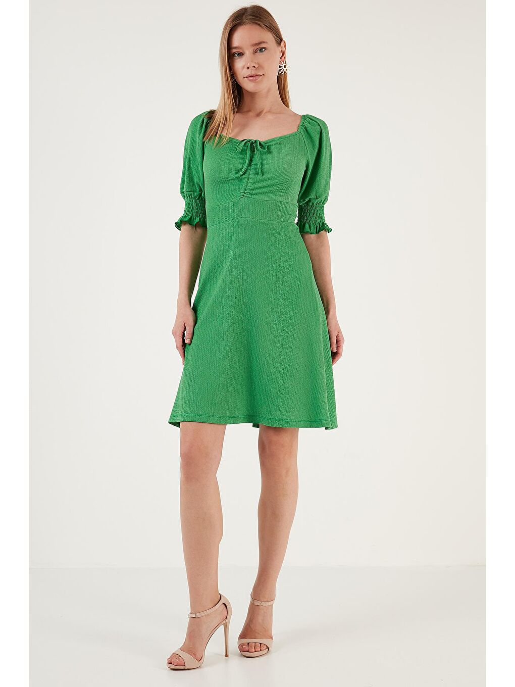 Yeşil Krinkıl Büzgülü V Yaka Kolları Gipeli Elbise 5865034-1